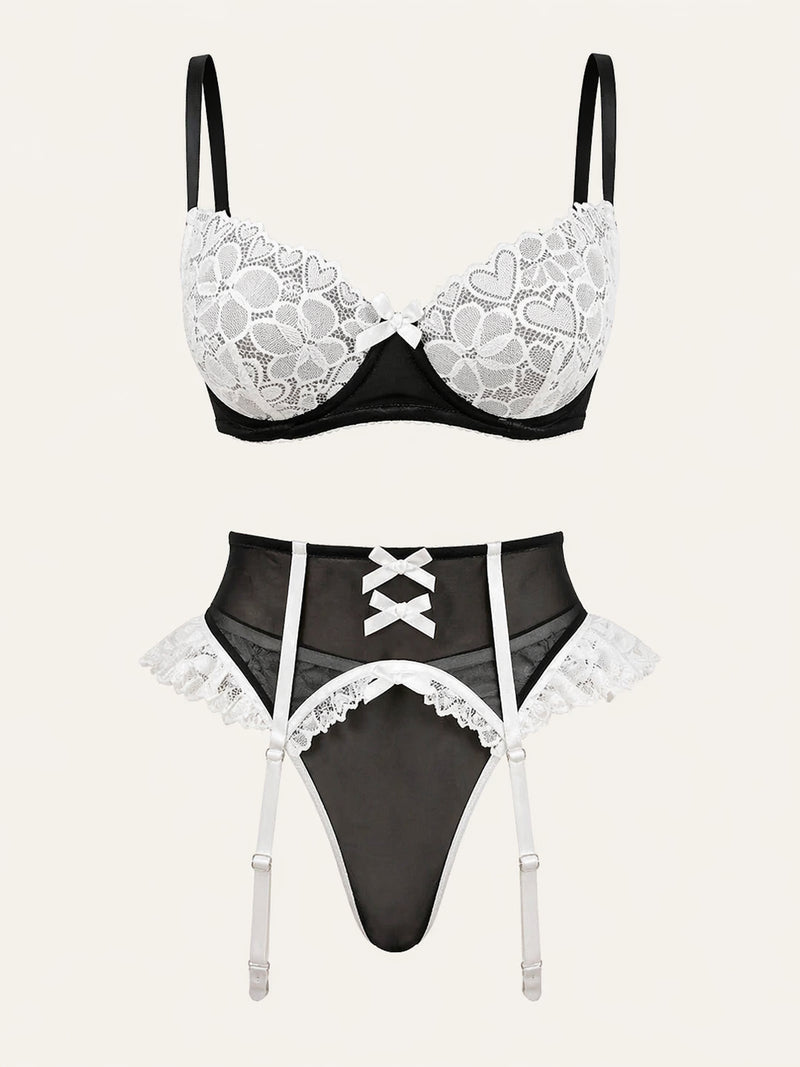 Black & White Lace Lingerie Set with Ruffle Detail