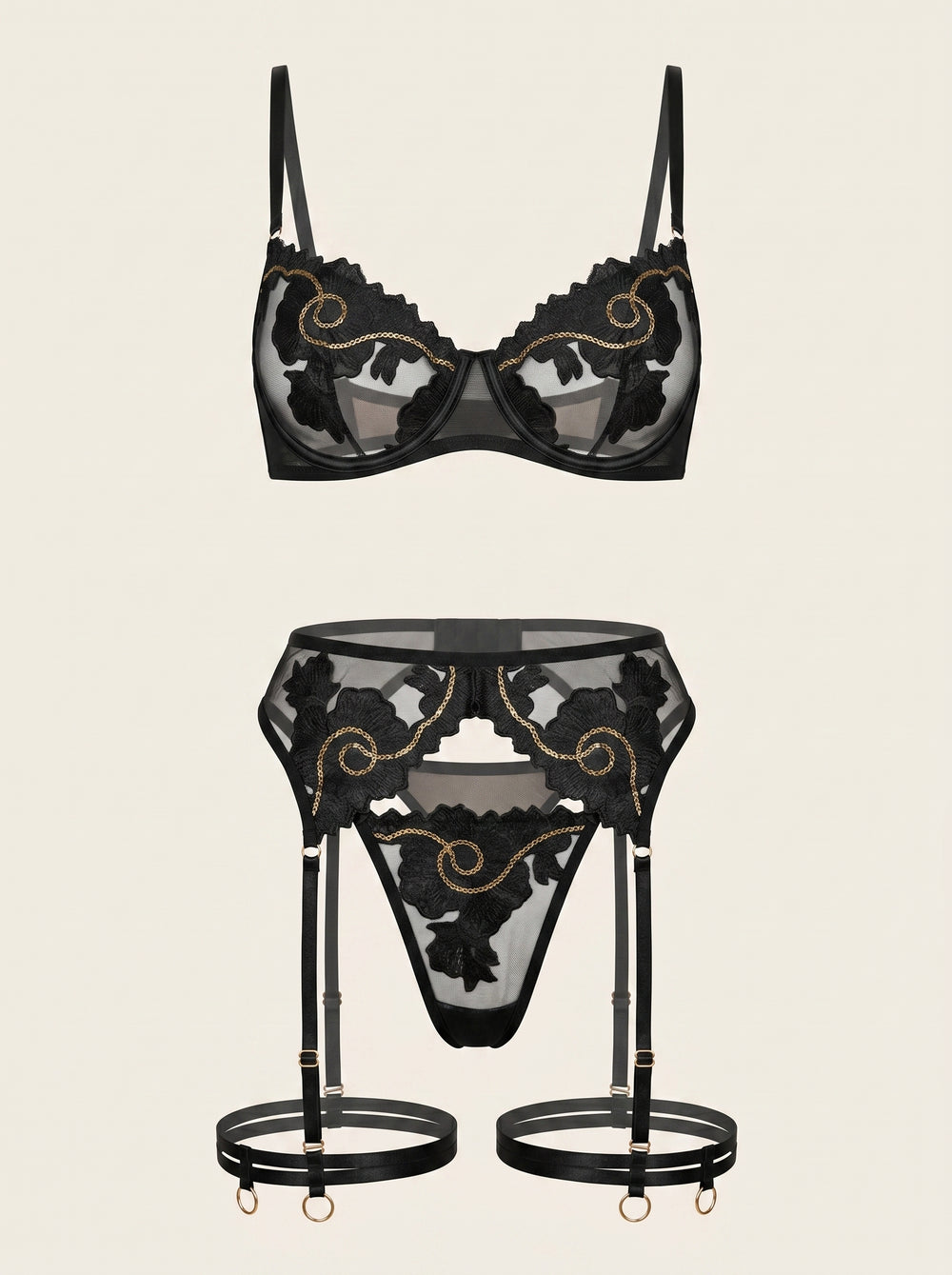 Schwarz-goldenes Spitzen-Dessous-Set mit transparenten Riemchen-Details