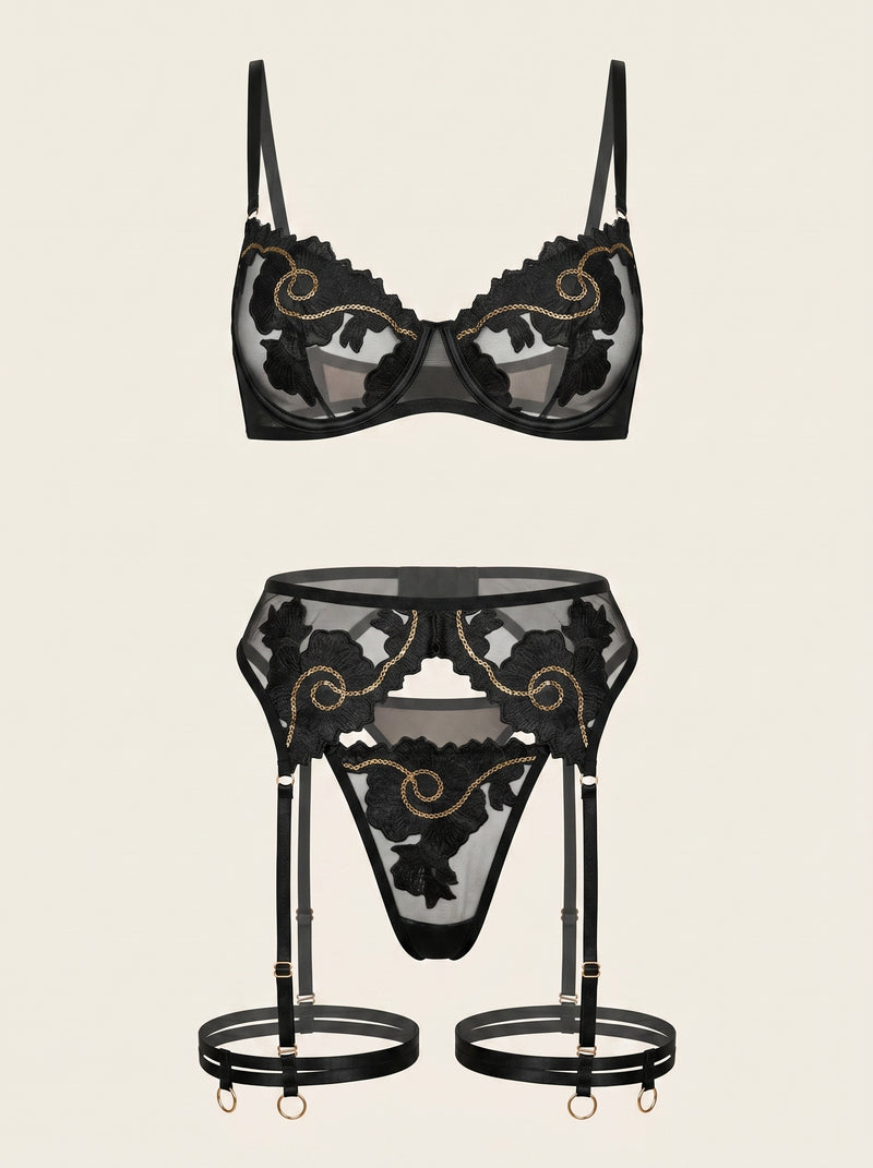 Black and Gold Lace Lingerie Set with Strappy Sheer Details