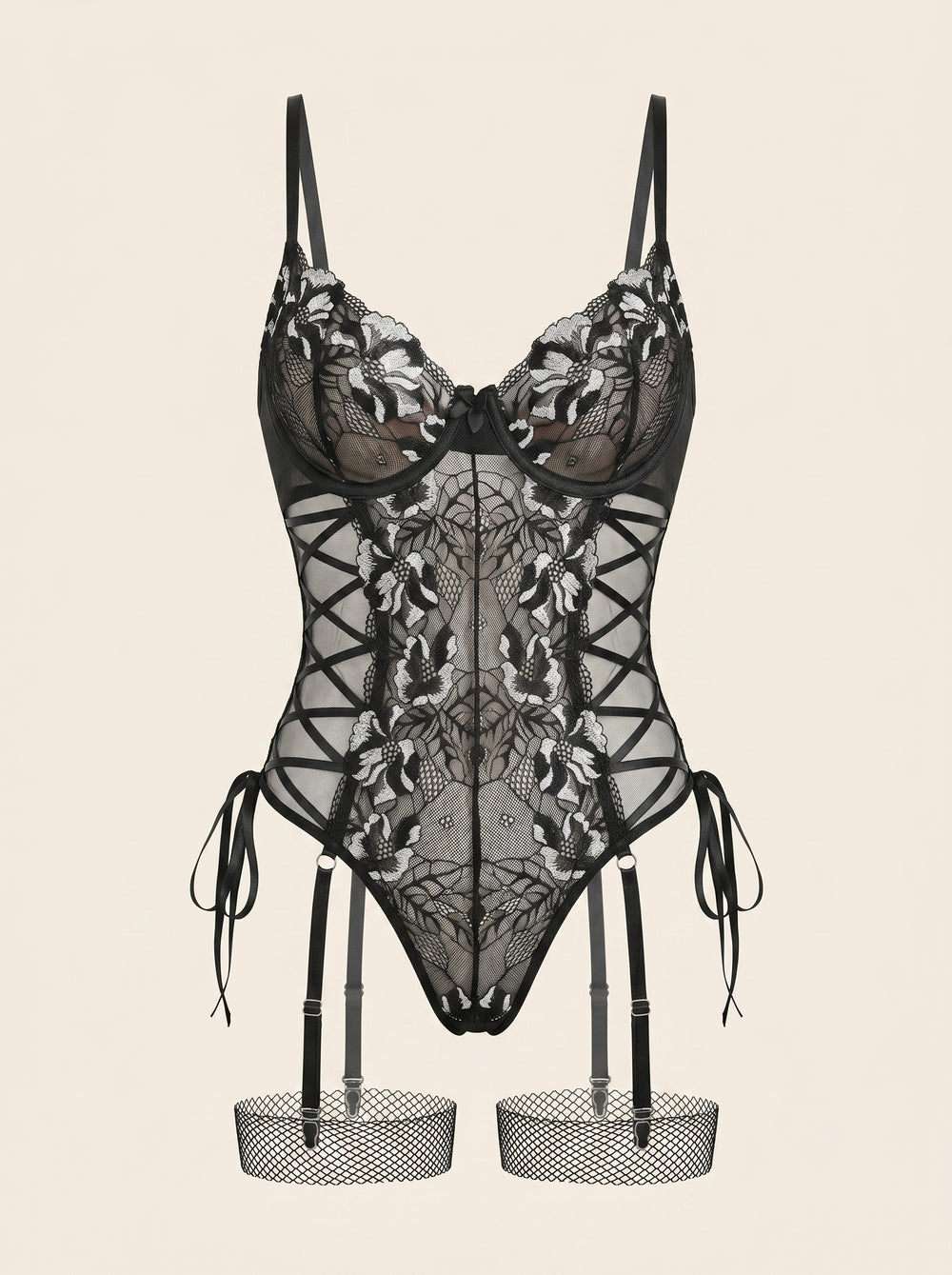 Bodysuit de encaje blanco y negro con laterales de cordones