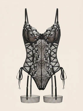 Black and White Lace Bodysuit with Lace-Up Sides-Bodysuit-Bellascena-Black-S-bellascena
