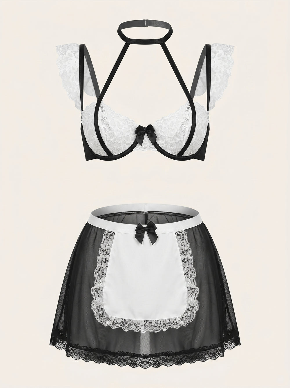 Conjunto de lencería de encaje blanco y negro con detalles de tiras transparentes