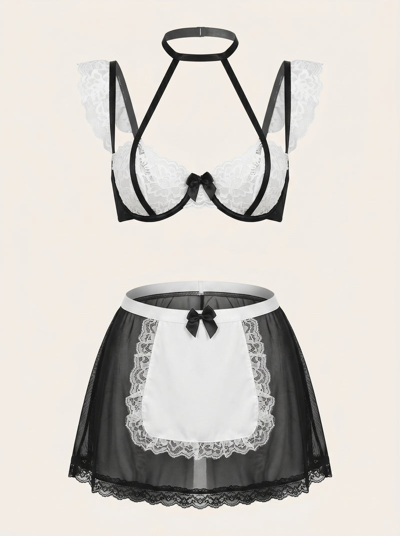 Black and White Lace Bodysuit with Sheer Strappy Detail