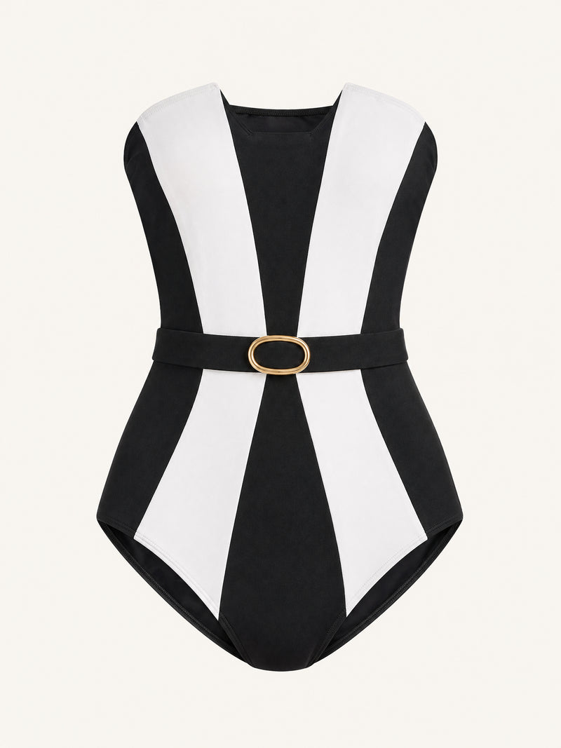 Black and White Nylon One-Piece Swimsuit with Fixed Belt