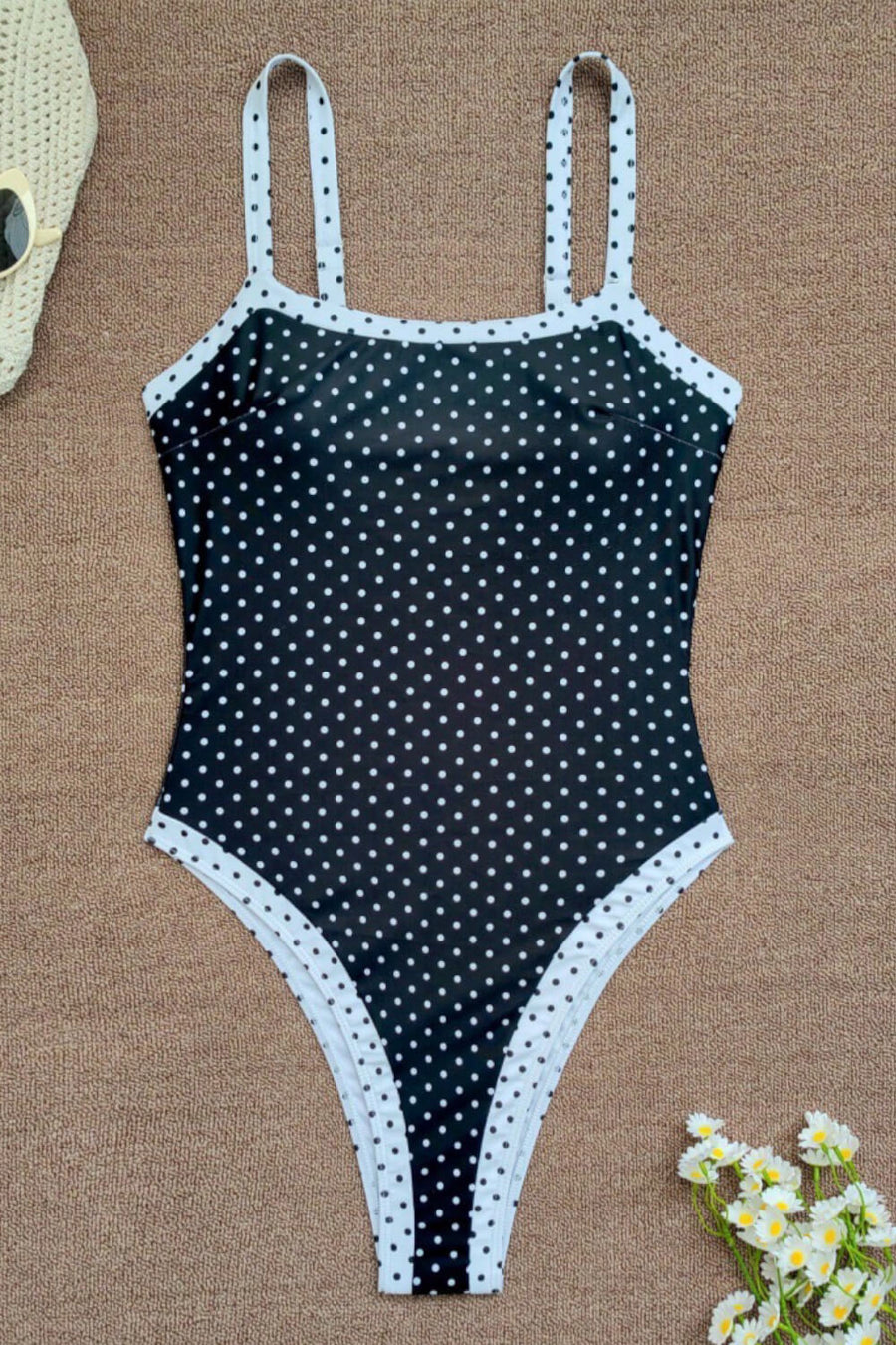 Black and White Polka Dot Stretch Swimsuit with Strappy Design-One-Piece Swimsuit-Bellascena-bellascena