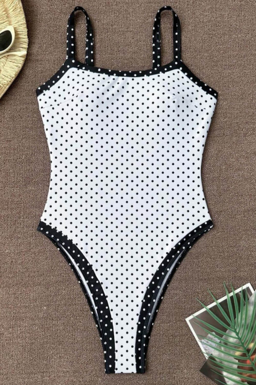 Black and White Polka Dot Stretch Swimsuit with Strappy Design-One-Piece Swimsuit-Bellascena-bellascena