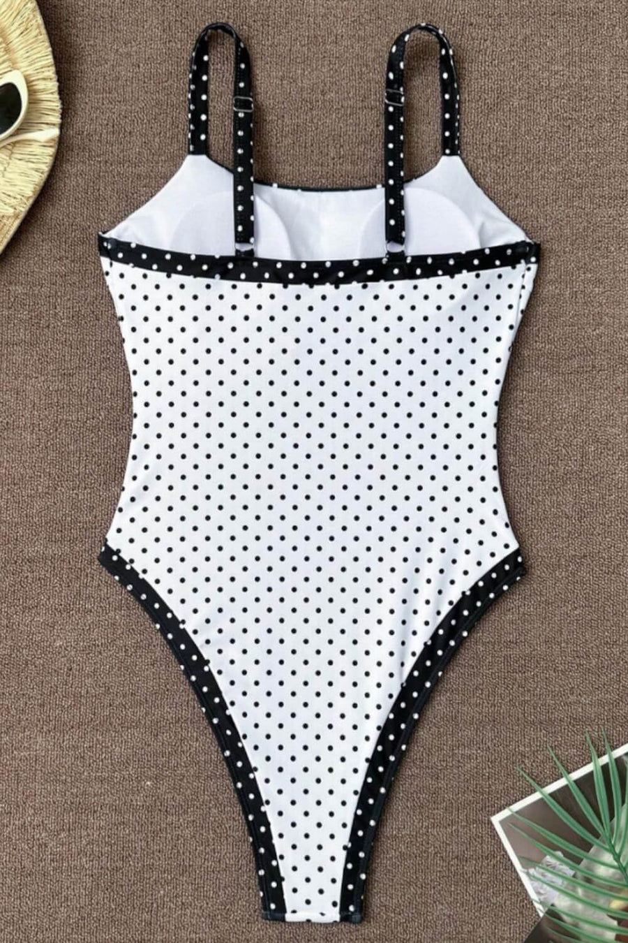 Black and White Polka Dot Stretch Swimsuit with Strappy Design-One-Piece Swimsuit-Bellascena-bellascena