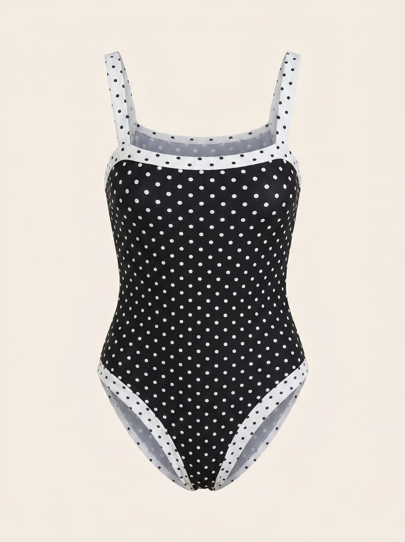 Black and White Polka Dot Stretch Swimsuit with Strappy Design