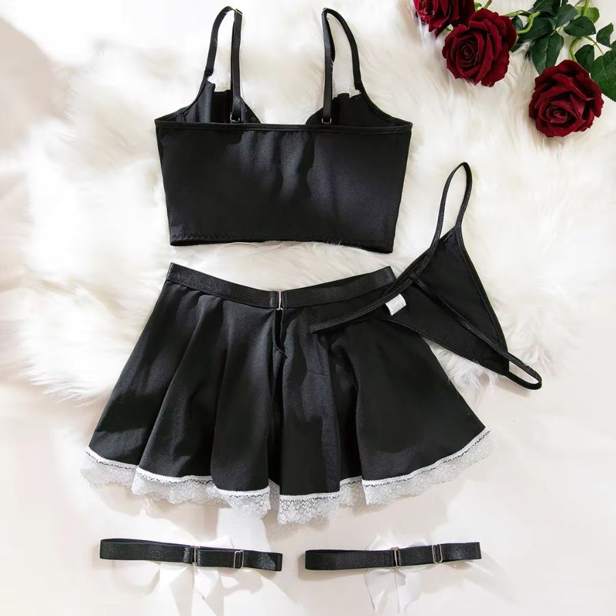 Black and White Polyester Bodysuit with Lace Trim-Bodysuit-Bellascena-bellascena