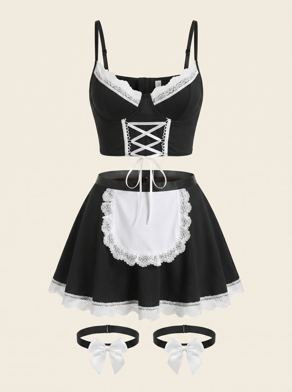 Conjunto de lencería de poliéster blanco y negro con ribete de encaje