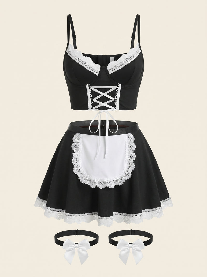 Black and White Polyester Bodysuit with Lace Trim