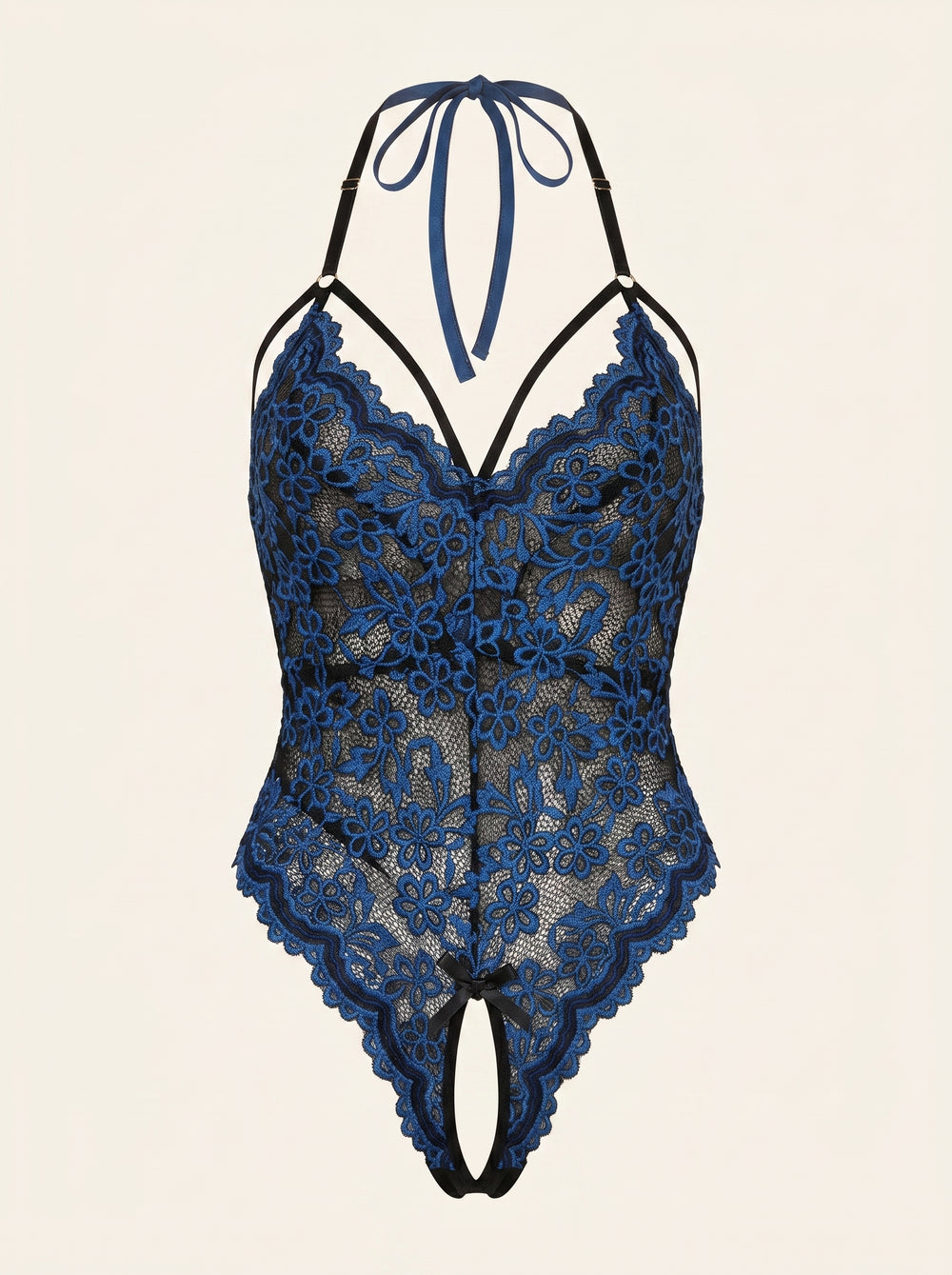 Blue Floral Lace Bodysuit with Strappy Details