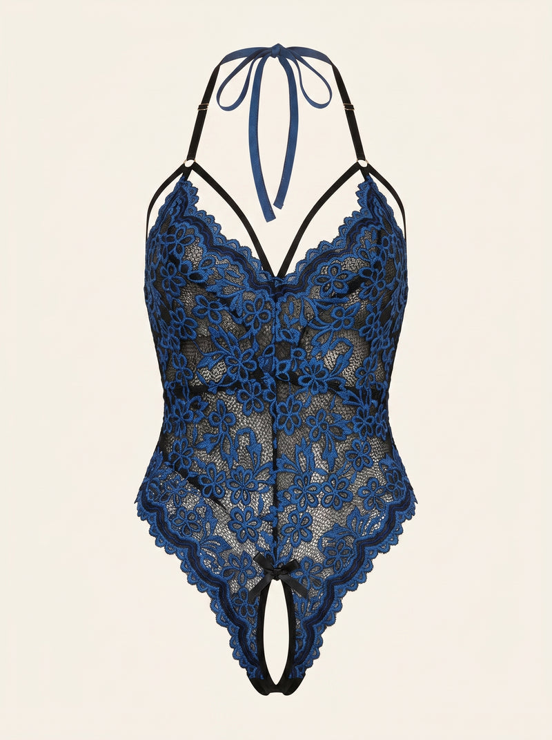 Blue Floral Lace Bodysuit with Strappy Details