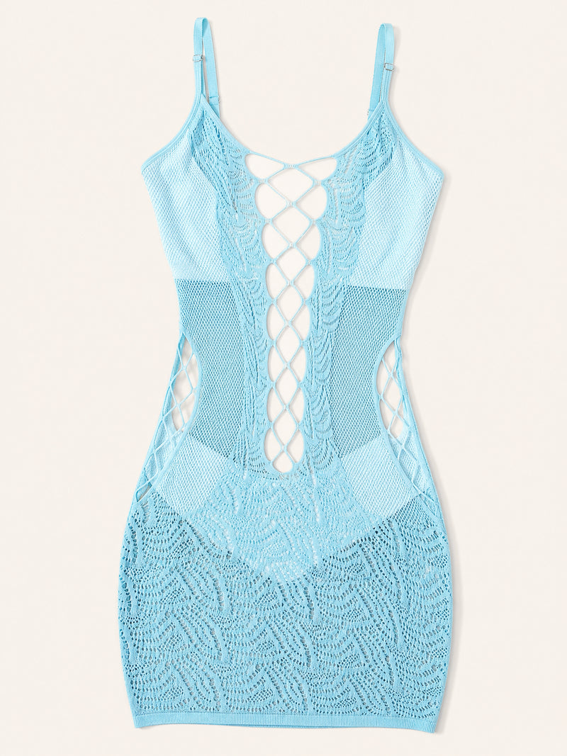 Mini-robe en maille à motif dentelle bleu avec découpes à brides