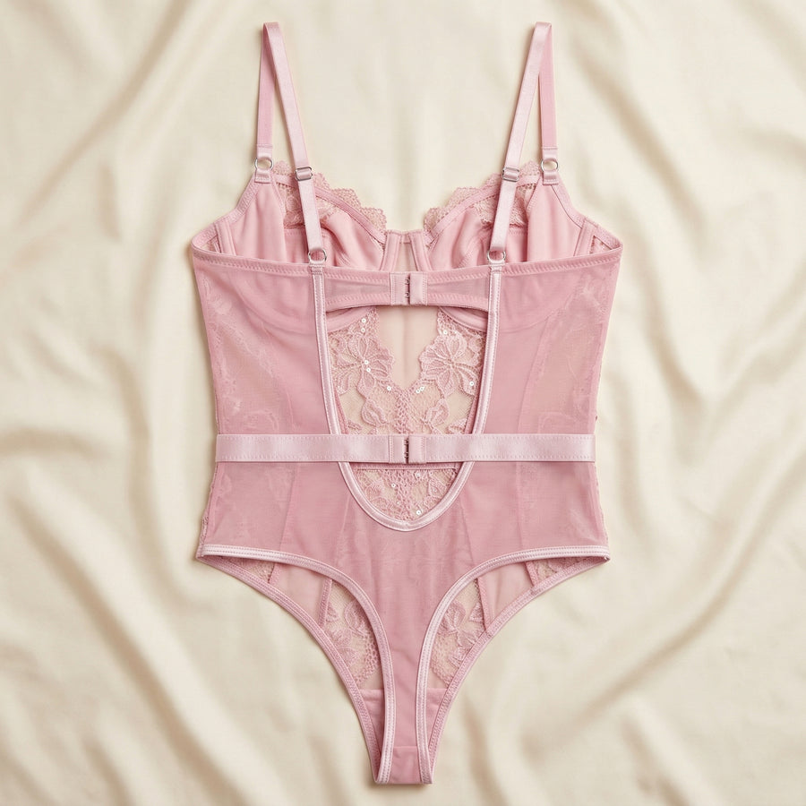 Blush Pink Mesh Bodysuit with Lace Cutout Design-Bodysuit-Bellascena-bellascena