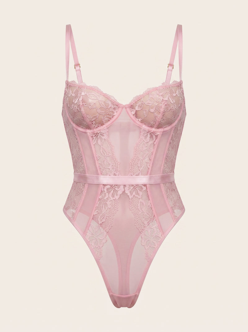 Blush Pink Mesh Bodysuit with Lace Cutout Design