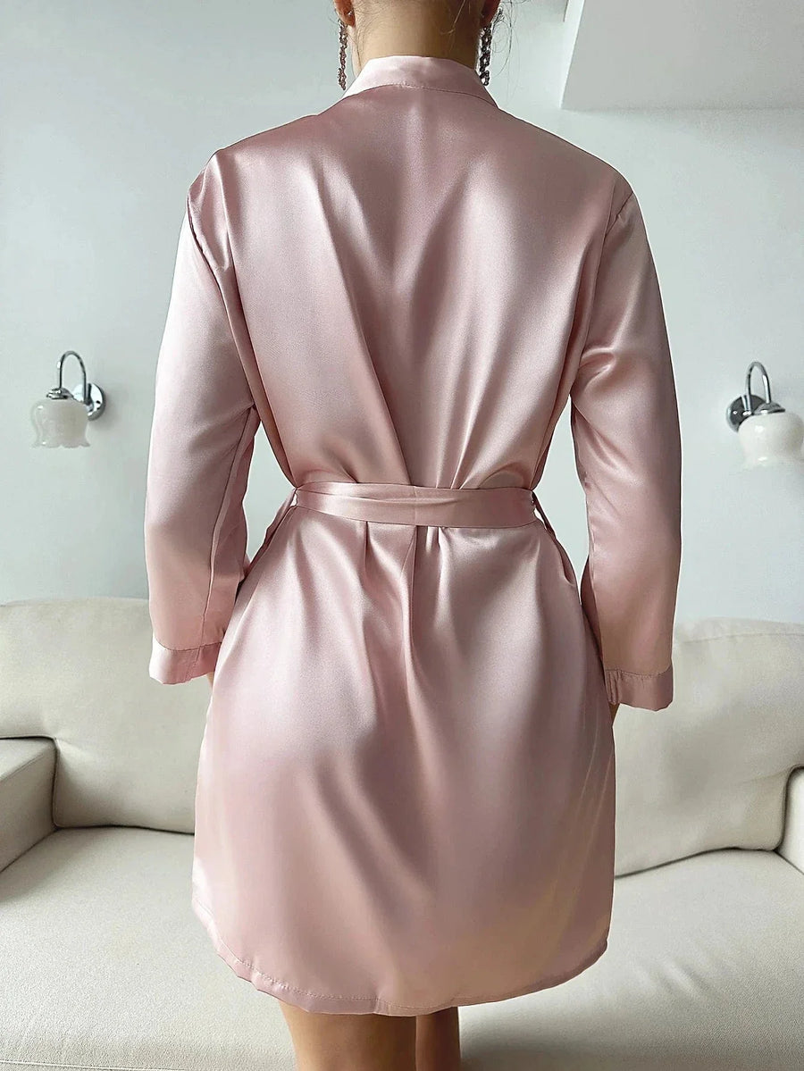 Blush Pink Satin Kimono Robe with Self-Tie Belt-Kimono Robe-Bellascena-bellascena
