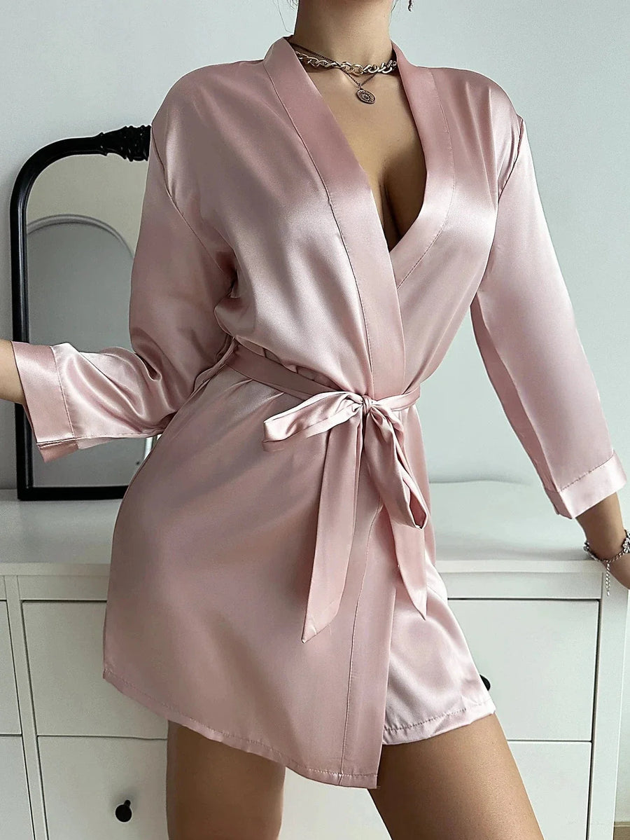 Blush Pink Satin Kimono Robe with Self-Tie Belt-Kimono Robe-Bellascena-bellascena