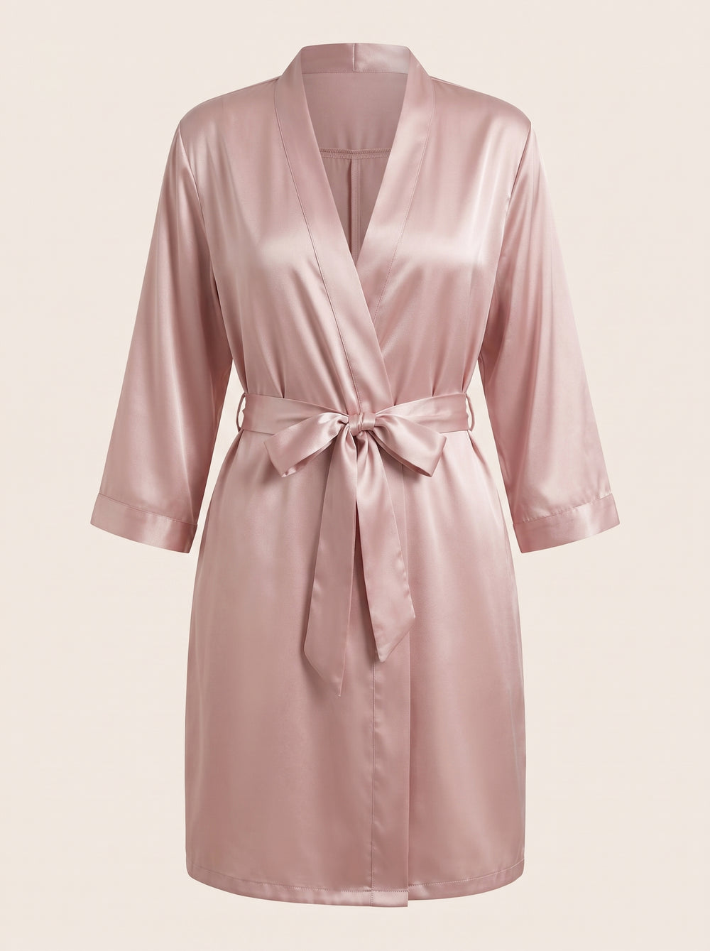 Robe kimono rose poudré en satin avec ceinture à nouer