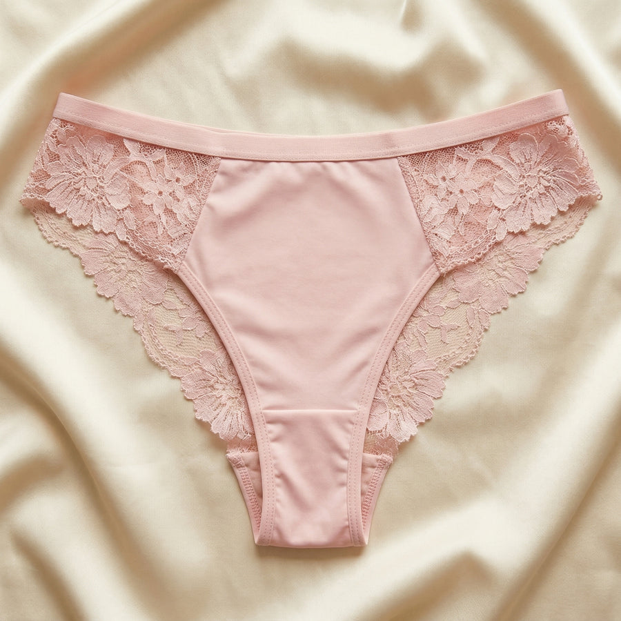 Blush Pink Satin Thong with Floral Lace Detail-Thong-Bellascena-bellascena