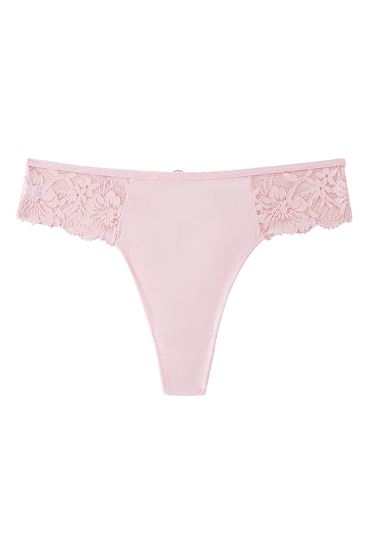 Blush Pink Satin Thong with Floral Lace Detail-Thong-Bellascena-bellascena