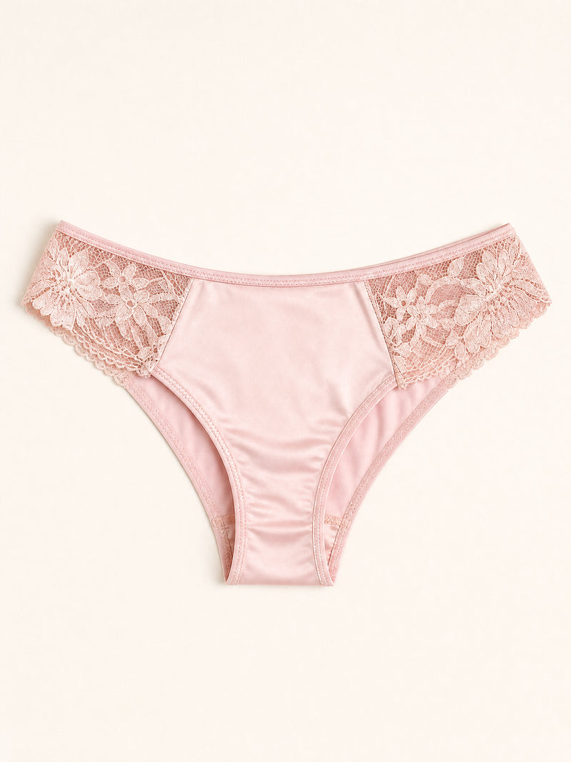 Blush Pink Satin Thong with Floral Lace Detail
