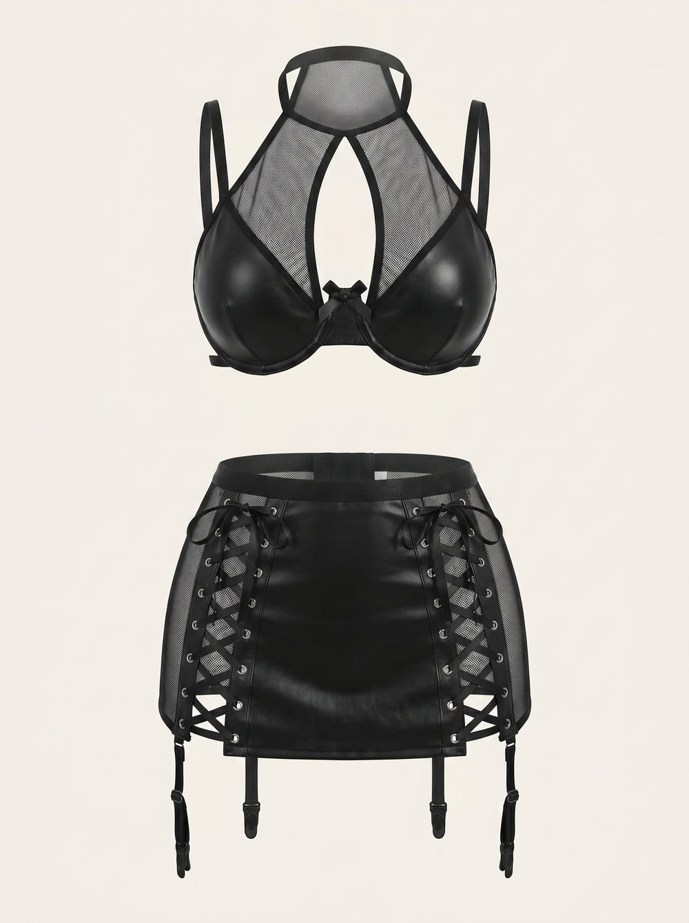 Bold Black Faux Leather Mini Skirt Set with Cutouts and Mesh