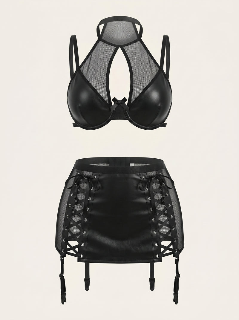 Bold Black Faux Leather Mini Skirt Set with Cutouts and Mesh