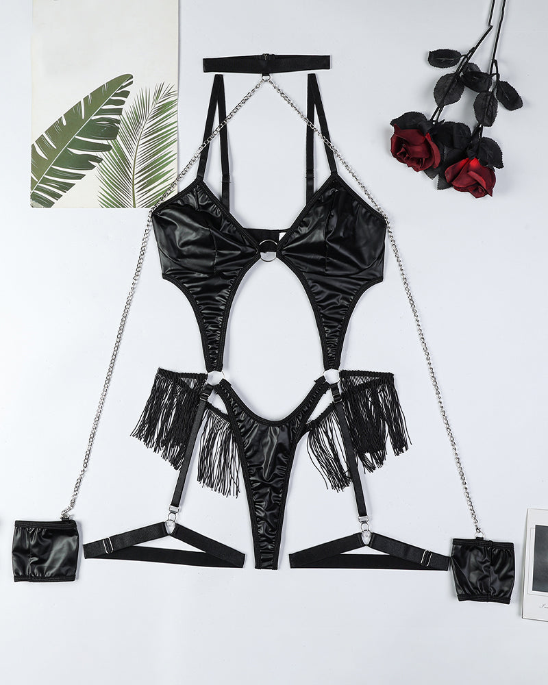 Bold Black Leather Bodysuit with Chain Fringe Detail-Bodysuit-Bellascena-bellascena