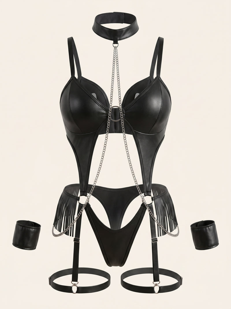 Bold Black Leather Bodysuit with Chain Fringe Detail