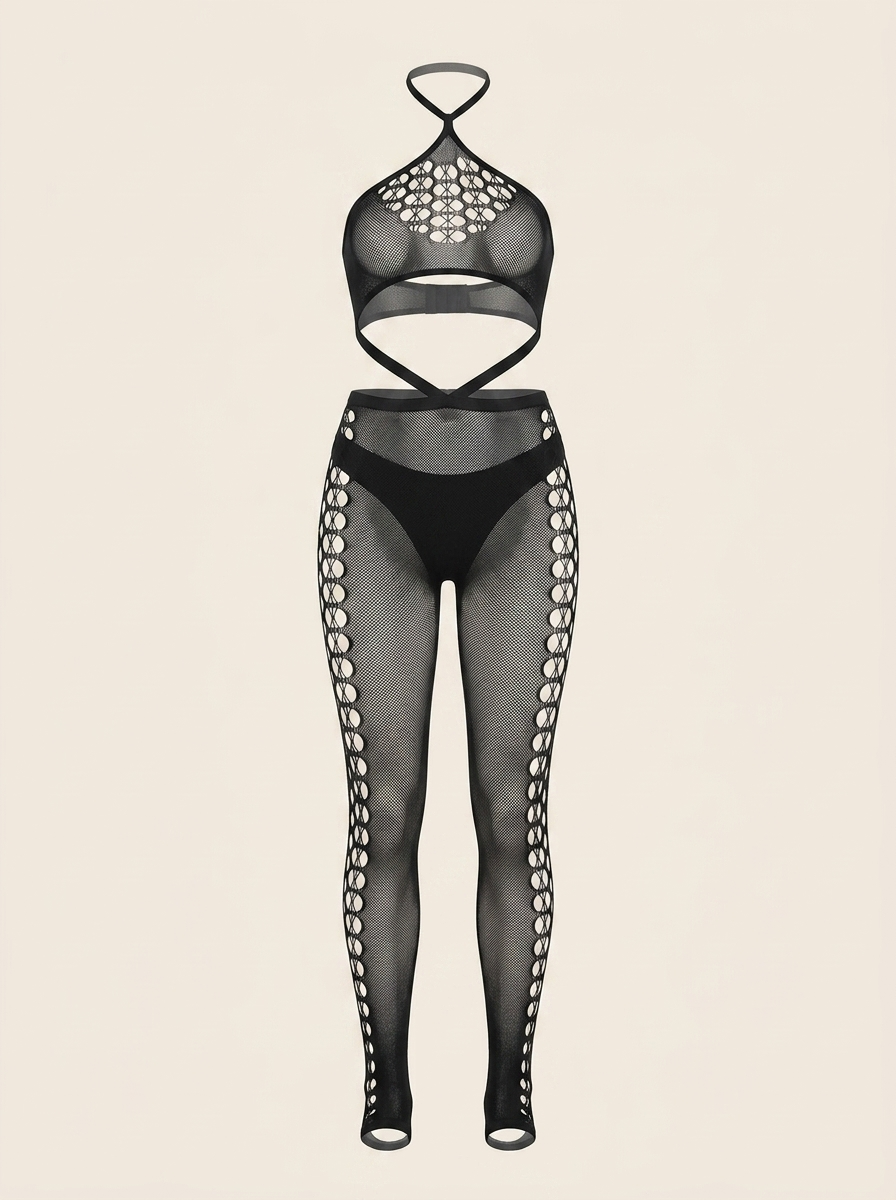 Bold Black Mesh Bodysuit with Strappy Cutout Design