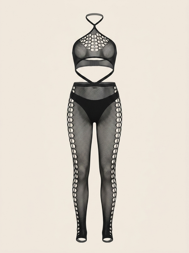 Bold Black Mesh Bodysuit with Strappy Cutout Design