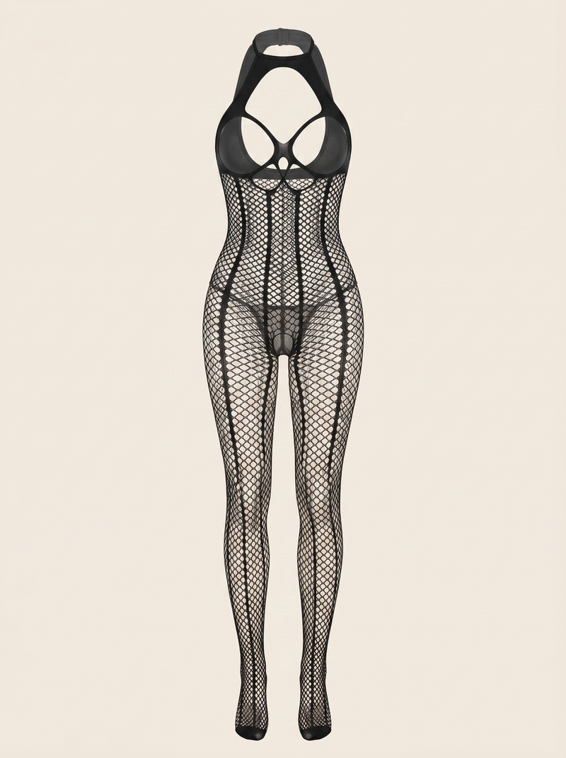 Bold Black Mesh Bodysuit with Strappy Cutouts