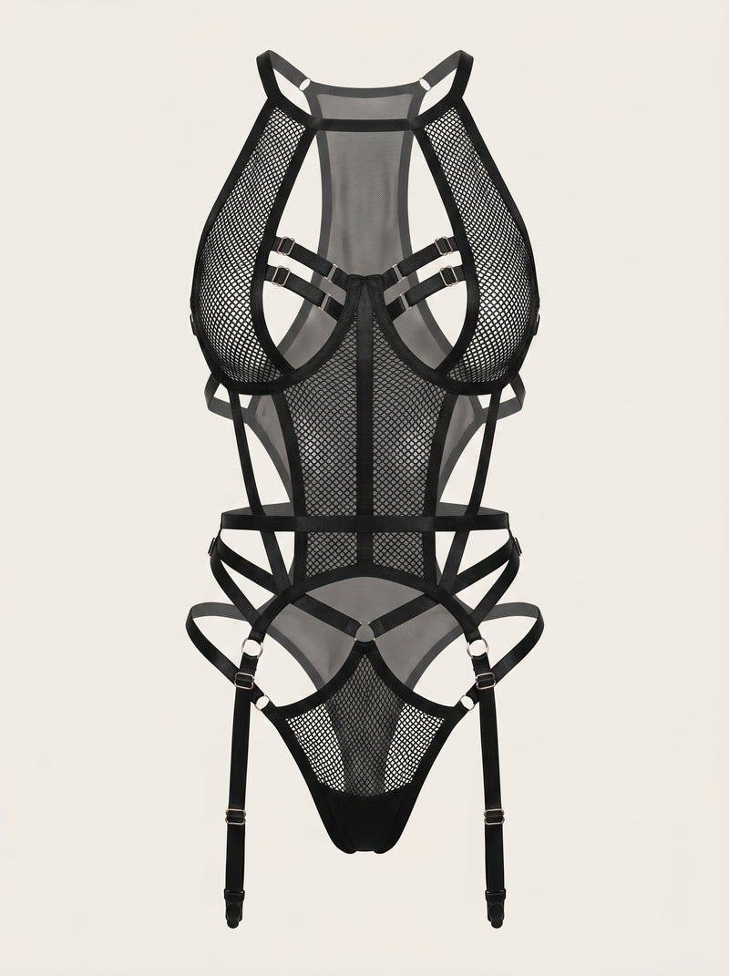 Bold Black Mesh Bodysuit with Strappy Cutouts