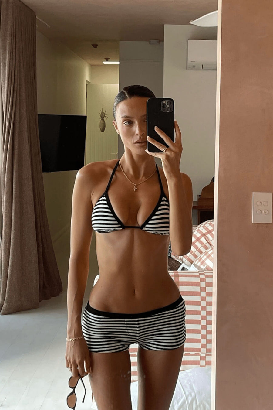 Bold Black and White Striped Synthetic Bikini Set with Halter Neck-Bikini Set-Bellascena-bellascena