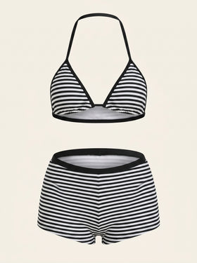 Bold Black and White Striped Synthetic Bikini Set with Halter Neck-Bikini Set-Bellascena-S-Black-bellascena