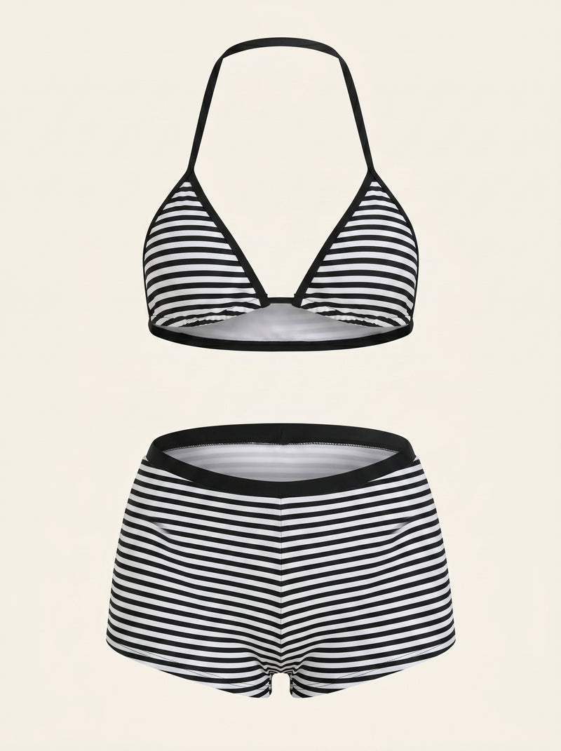 Bold Black and White Striped Synthetic Bikini Set with Halter Neck