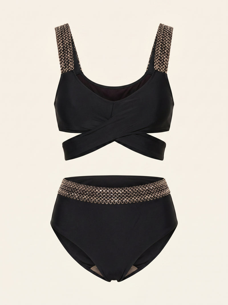Ensemble de maillot de bain à sequins noir et rouge audacieux taille haute
