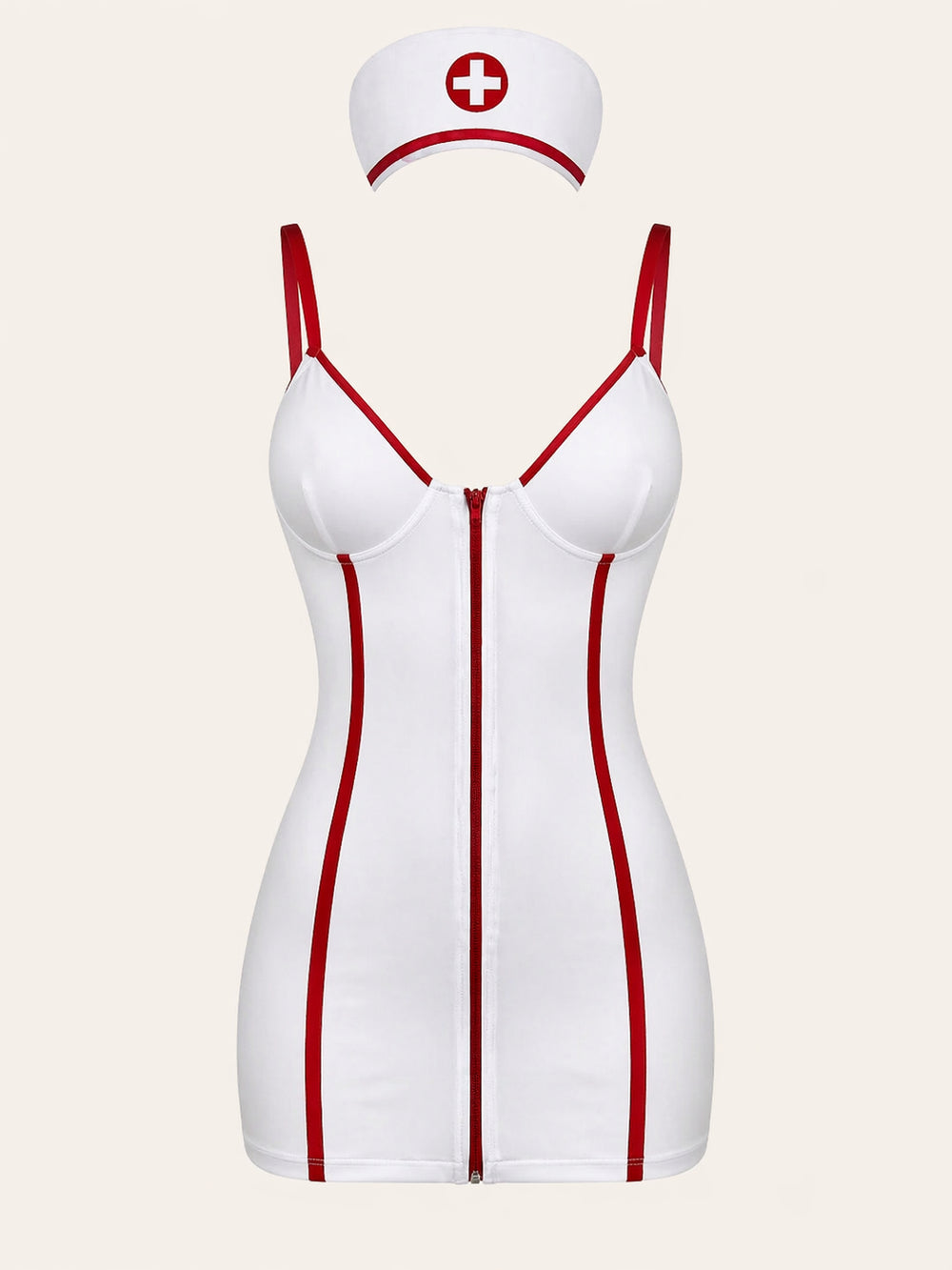 Bold White Satin Bodysuit with Red Accent Zipper Front