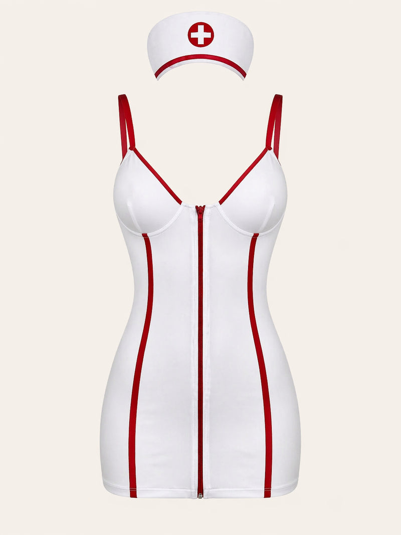 Bold White Satin Bodysuit with Red Accent Zipper Front