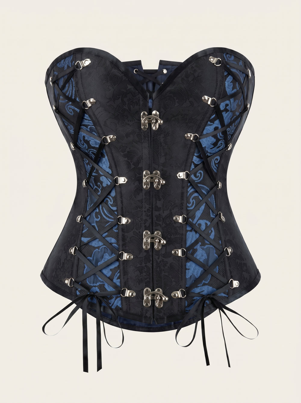 Corsetto in broccato damascato nero e blu con stecche e dettagli con stringhe