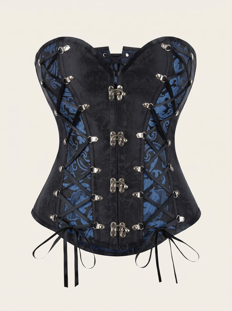 Corsetto in broccato damascato nero e blu con stecche e dettagli con stringhe
