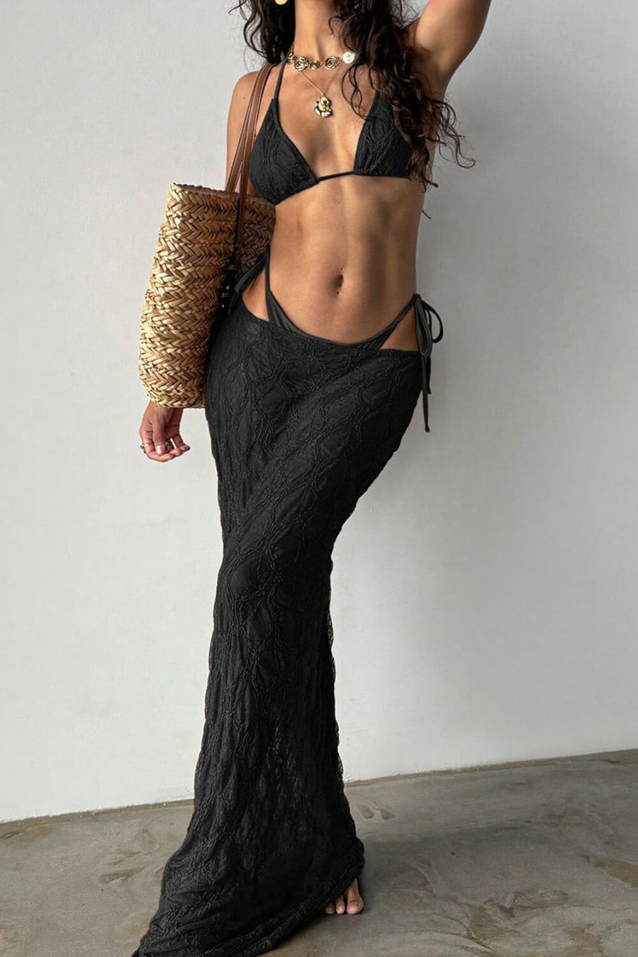 Brown & Black Lace Bikini Set with Tie Side Charm-Bikini Set-Bellascena-bellascena