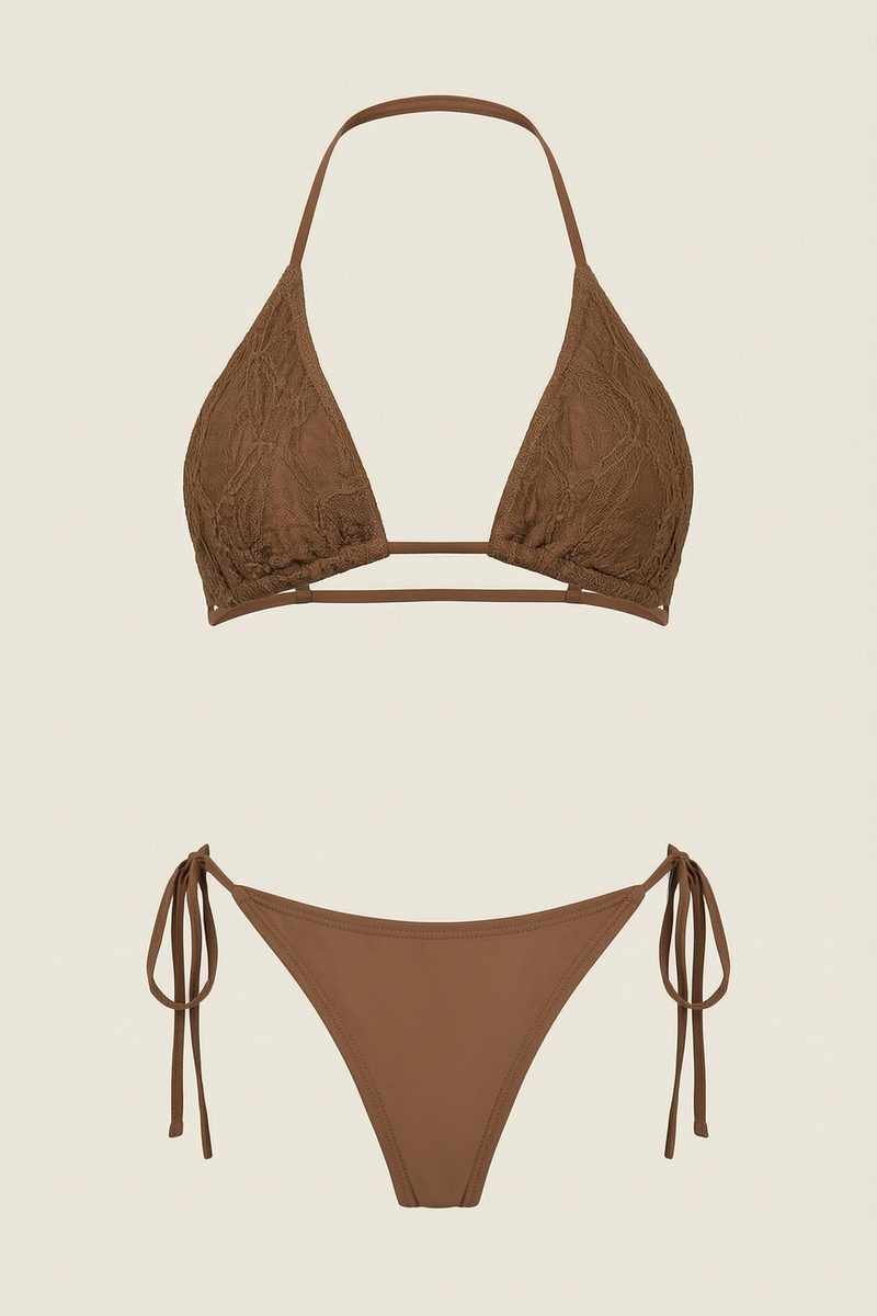 Brown & Black Lace Bikini Set with Tie Side Charm