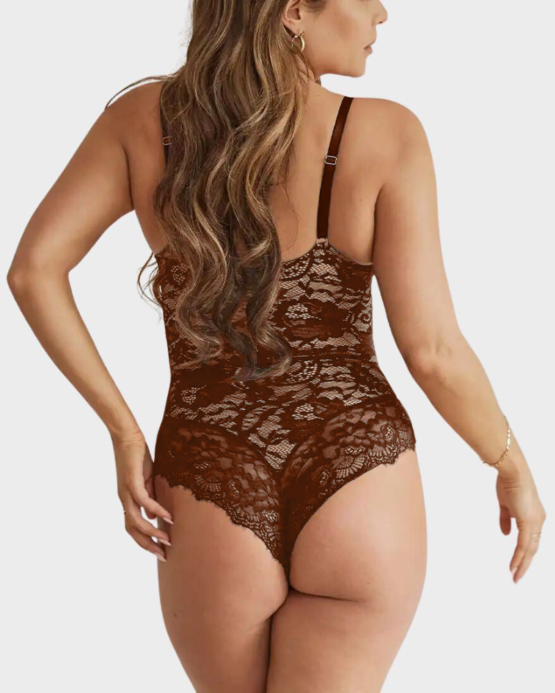 Brown Floral Lace Bodysuit with Scalloped Edges-Bodysuit-Bellascena-bellascena
