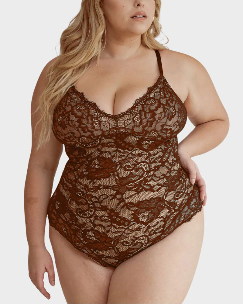 Brown Floral Lace Bodysuit with Scalloped Edges-Bodysuit-Bellascena-bellascena
