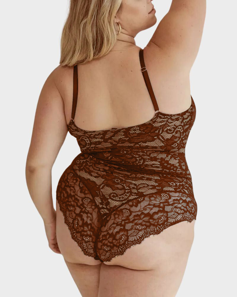 Brown Floral Lace Bodysuit with Scalloped Edges-Bodysuit-Bellascena-bellascena
