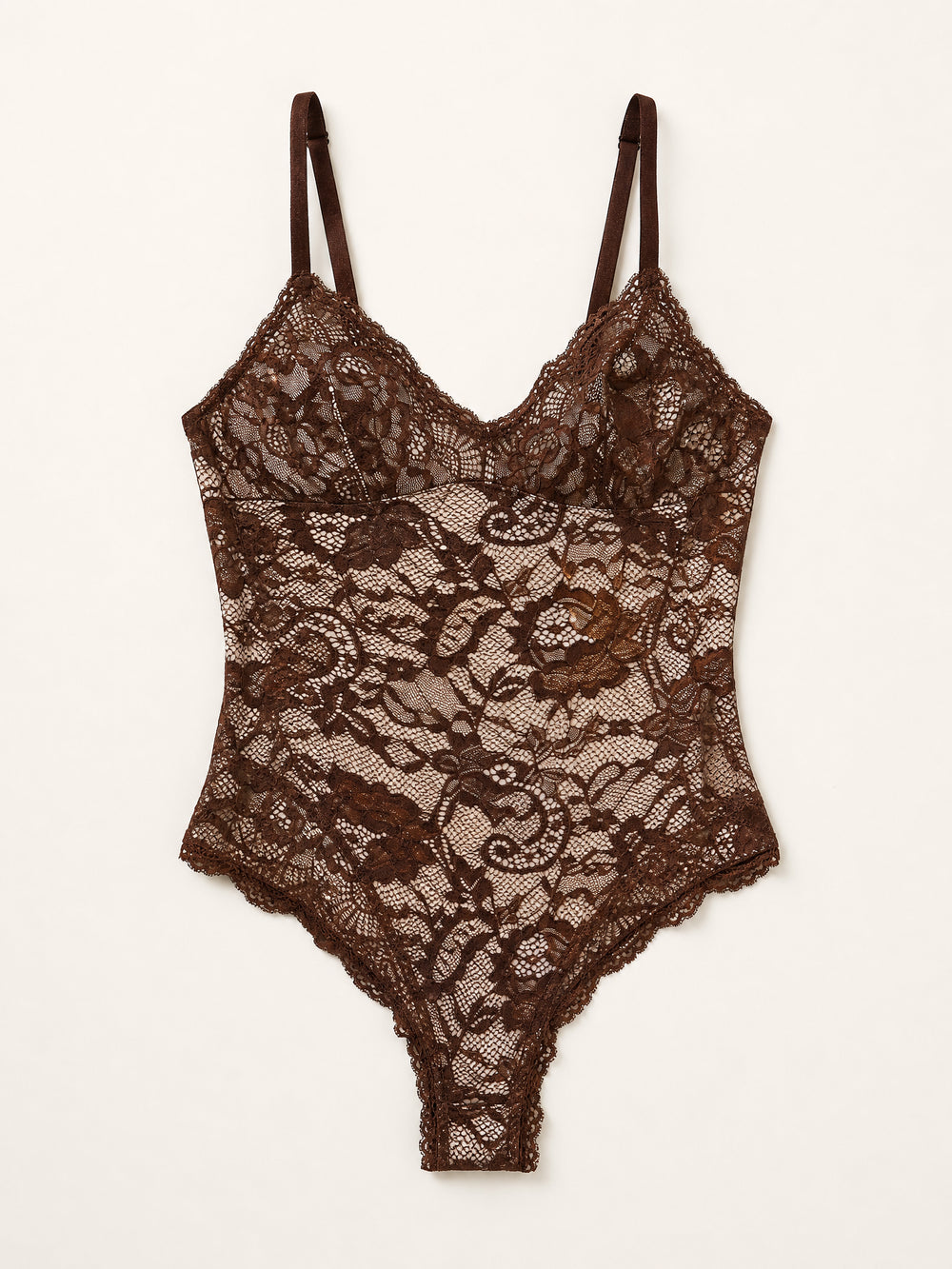 Brown Floral Lace Bodysuit with Scalloped Edges