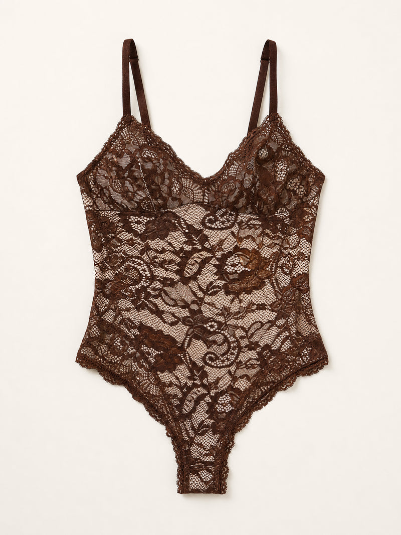 Brown Floral Lace Bodysuit with Scalloped Edges
