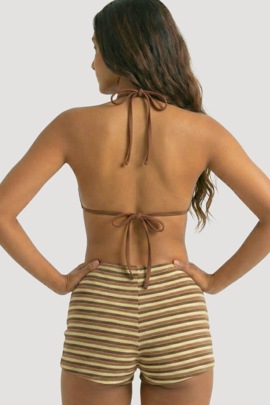 Brown and Beige Striped Rib Knit Bikini Set with Triangle Top-Bikini Set-Bellascena-bellascena